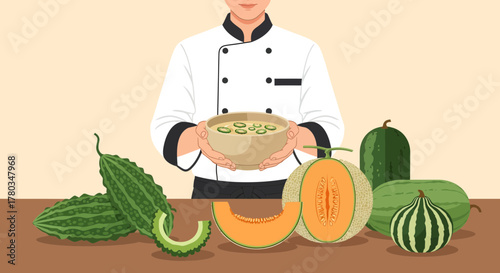Chef Presenting Freshly Prepared Vegetable Soup Surrounded With Fresh Natural Fruits