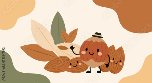 Charming Nutty Friends In A Whimsical Cartoon Scene With Delightful Leaves And Design