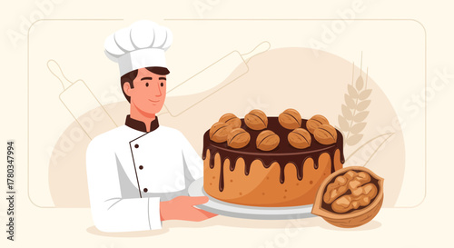 Chef Presenting Delightfully Decorated Cake Garnished With Walnuts Presentation in Illustration