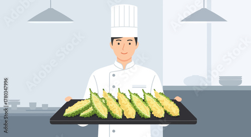 Chef Presenting Gourmet Bitter Melon Dishes: A Culinary Composition for Fine Dining