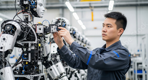 Asian engineer fine-tuning the components of an advanced humanoid robot in a modern facility.