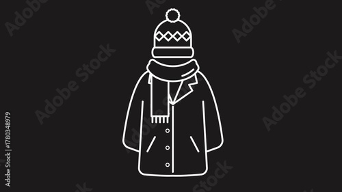 Animated winter jacket and hat white line icon on dark background. Warm clothing animation for cold weather season. Outerwear protection, cozy apparel, snow outfit, winter fashion concept.