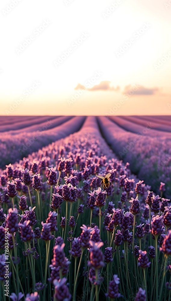 Obraz premium Rows of lavender flowers stretch to the horizon at sunset, creating a calming and picturesque view in provence