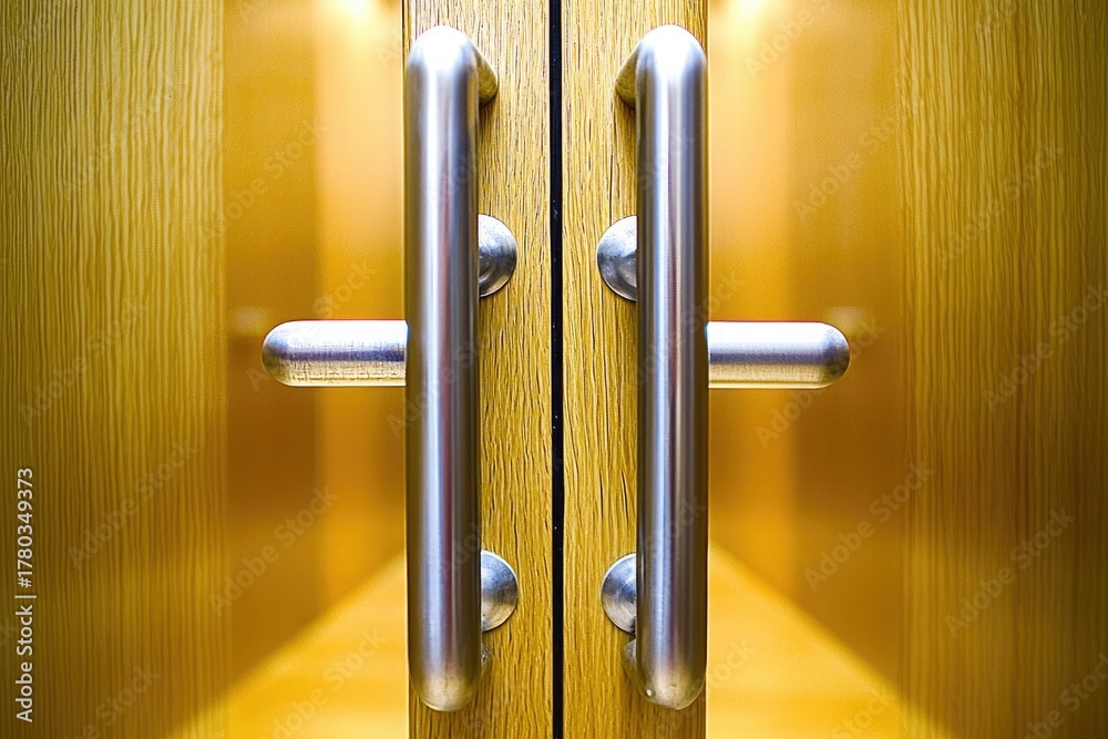 Obraz premium Close-up of wooden doors with silver handle and warm yellow side lighting for modern interior design