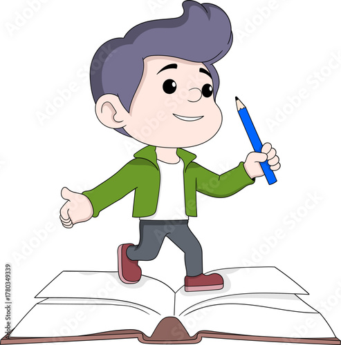Boy Holding Pencil Standing on Big Book Education Cartoon Vector Illustration