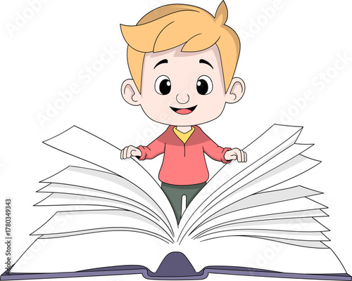 Boy Opening Big Encyclopedia Book Education Vector Illustration