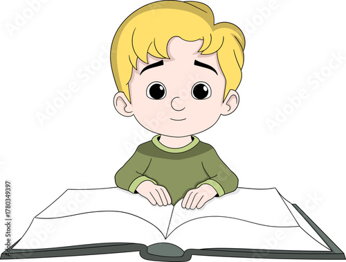 Little Boy Learning to Read an Open Book Education Cartoon Vector Illustration