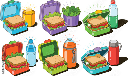 Assortment Of Open Lunch Boxes With Sandwiches And Drinks lunchbox food