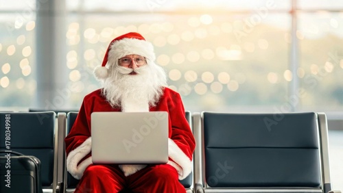 Santa in business trip concept. Santa Claus working on a laptop in an airport terminal, blending holiday spirit with modern life.