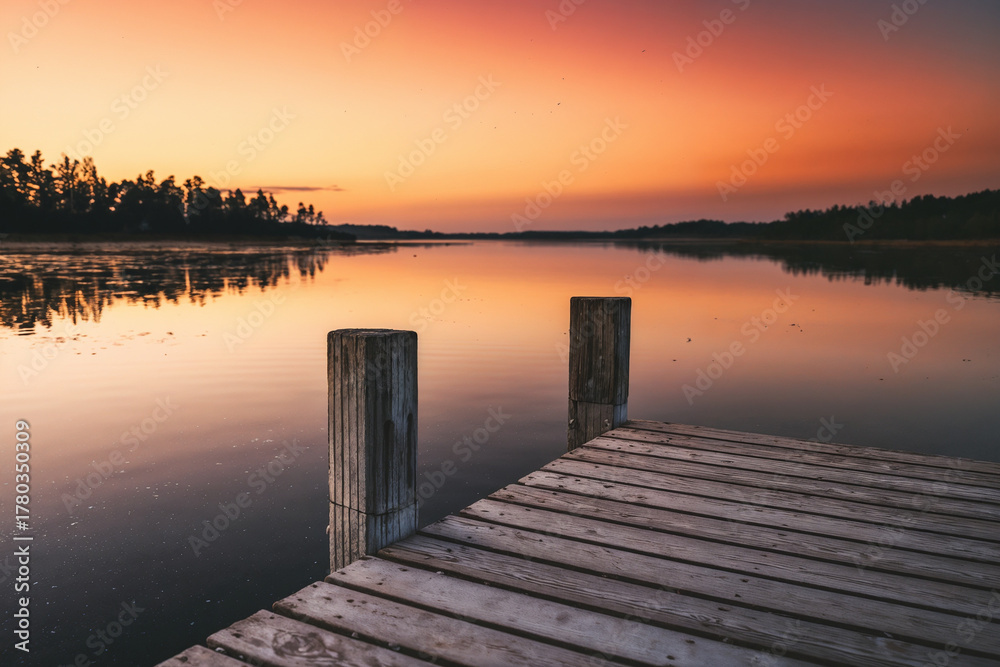 Obraz premium A wooden pier juts into a calm lake at sunrise or sunset, reflecting the stunning gradient of orange, pink, and red across the water, framed by a dark forested horizon.