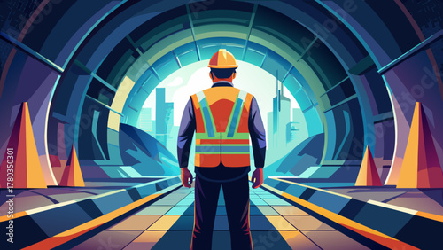 Very beautiful scene of an engineer wearing a reflective vest standing in the middle of a large tunnel, shown from behind or in non-identifiable silhouette form, with strong directional light and real