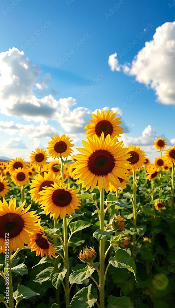 Obraz premium Field of sunflowers under a blue sky with white clouds on a sunny day in the summer season