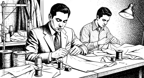 Vintage Black and White Illustration of Two Men Sewing — Mid-Century Fashion Studio Art