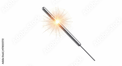 Close-up of a lit Bengal fire sparkler creating a brilliant flash of light, symbolizing celebration and festive moments on a clean white backdrop