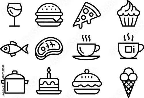 Fast food, drinks, and dessert icons in outline style burger pizza
