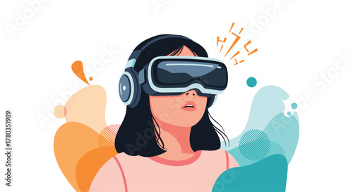 Surprised young woman with headphones and a virtual reality headset is amazed by the immersive experience of the digital metaverse.