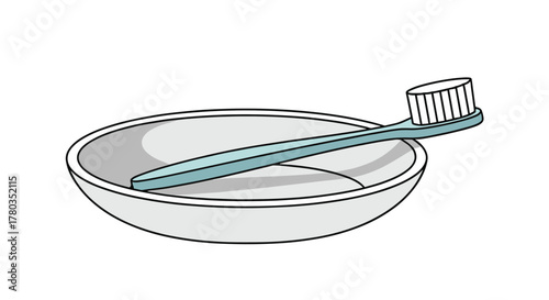 Cleanliness concept showing a single light blue toothbrush resting inside a simple, white bowl or soap dish holder illustration.