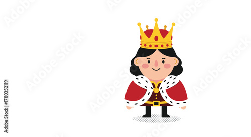 Charming cartoon illustration of a cute little king with black hair, wearing a red royal robe and a large golden crown on his head.