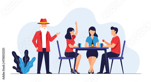 Wise elderly man in a red jacket and hat shares a story or gives advice to a group of three young people sitting at a table.