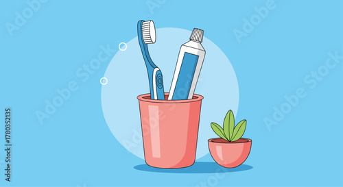 Daily oral hygiene routine is represented by a toothbrush and toothpaste in a pink cup next to a small potted succulent plant.