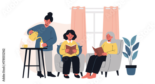 Three generations of women, a daughter, mother, and grandmother, enjoy a quiet afternoon reading books together in a cozy living room.