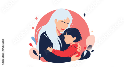Loving mother with beautiful long, light blue hair tenderly embraces her young child in a heartfelt and artistic illustration.