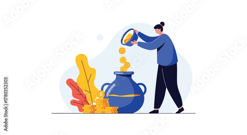Person in a flat vector illustration is pouring a bucket of gold coins into a large blue vase, symbolizing saving money and investment.