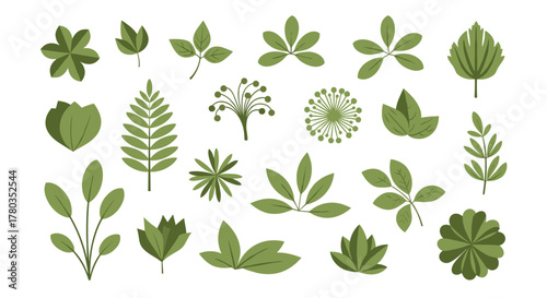 Collection of various green leaves and botanical elements, showcasing different shapes and styles for nature-themed design projects.