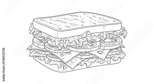 Detailed black and white line art coloring page shows a delicious, tall sandwich stacked with layers of lettuce, tomato, and cheese.