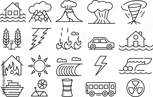 Natural Disaster and Transportation Icons Set Keywords: disaster, natural disaster, flood