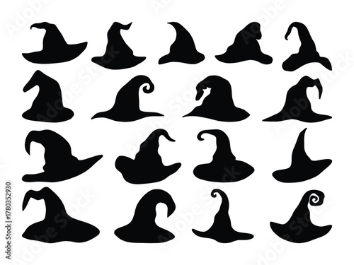 Witch Hat Silhouette Set. Halloween Magic Vector Collection. Halloween Witch Hats Black Silhouette Vector Pack
