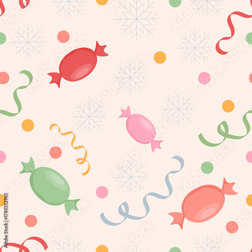 A cute seamless Christmas pattern in pastel colors. Holiday concept. Festive background with candy canes, confetti, and streamers. Perfect for wrapping paper and textiles.