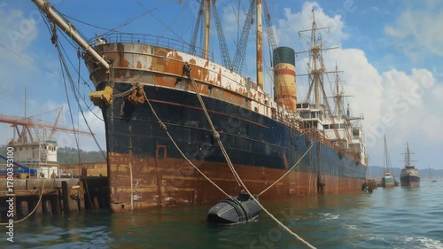 Exterior view of a large, historic steel ship with a classic funnel docked at a harbor or industrial port