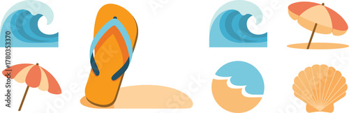 Summer beach icons with flip-flops, waves, and umbrellas vacation ocean
