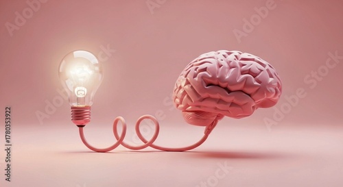 Brain and Lightbulb Connection – 3D Concept Illustration Symbolizing Ideas, Creativity, and Innovation