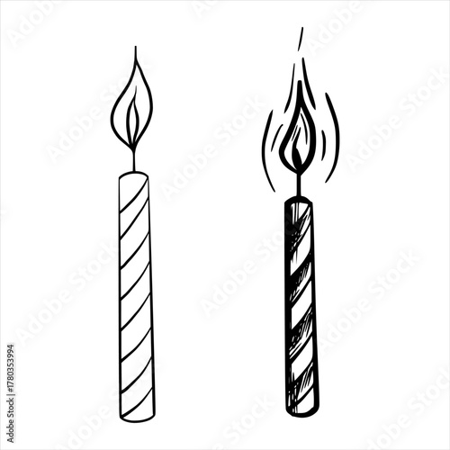 Vector outline candle for Birthday cake. Hand drawn linear illustration. Engraving black and white design candlelight flames for greeting card, invitation, tags, printing. Monochrome graphic