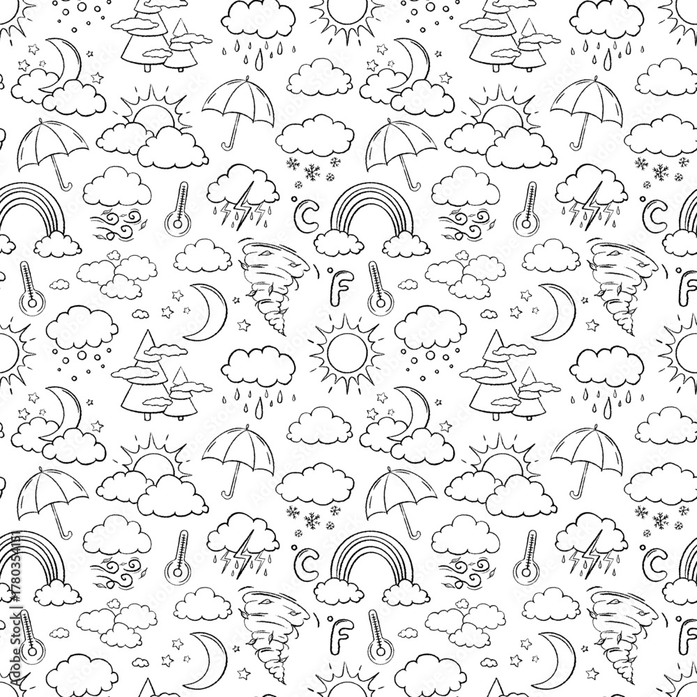 Fototapeta premium Line vector weather icons seamless pattern. Hand drawn by chalk. Outline Background. Doodle Illustration with temperature, sun, rain, snow, cloud, storm, for climate forecast. Meteorology