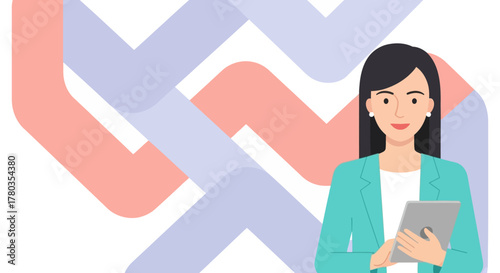 Businesswoman working on tablet computer with abstract background representing success and growth