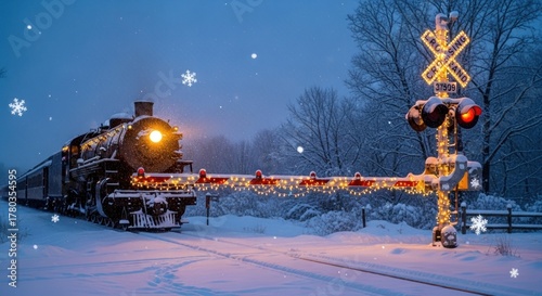 Festive holiday train adorned with lights passing through a snowy winter landscape