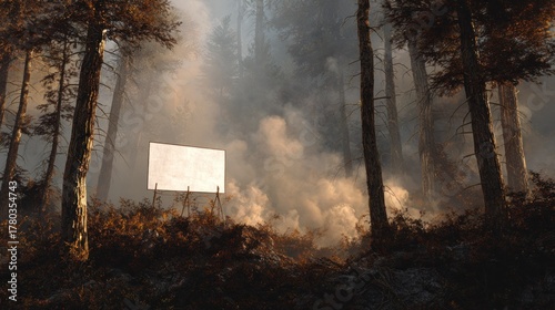 Blank billboard in smoky forest