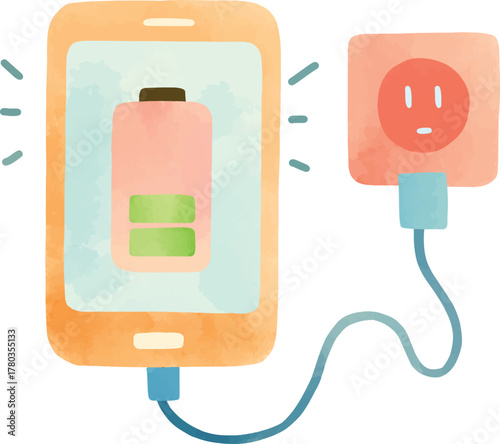 Illustration of phone charging in watercolor style. Clip art vector isolated of phone with cable charging cartoon for asset, design, object, icon