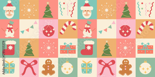 A modern mosaic background with Christmas elements made of geometric shapes. The seamless pattern features gifts, confetti, gingerbread cookies, candy canes, snowflakes, baubles, and a red bow.