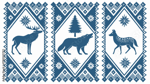 Nordic pattern with moose wolf and fox in blue and white winter design with snowflakes and geometric shapes silhouette