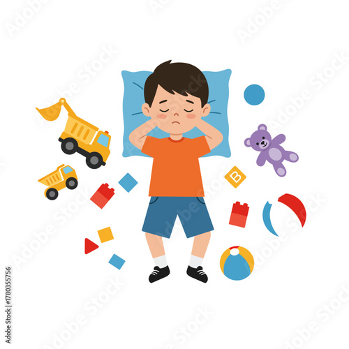 Upset cartoon boy lying on a pillow covering his ears with a sad expression surrounded by toys.