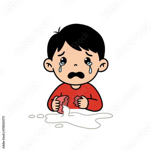 Upset cartoon boy in a red shirt crying over a broken cup and spilled milk.