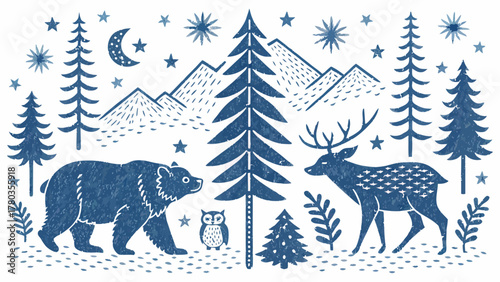 Blue forest scene with bear deer owl mountains trees stars and moon in a rustic linocut style design silhouette