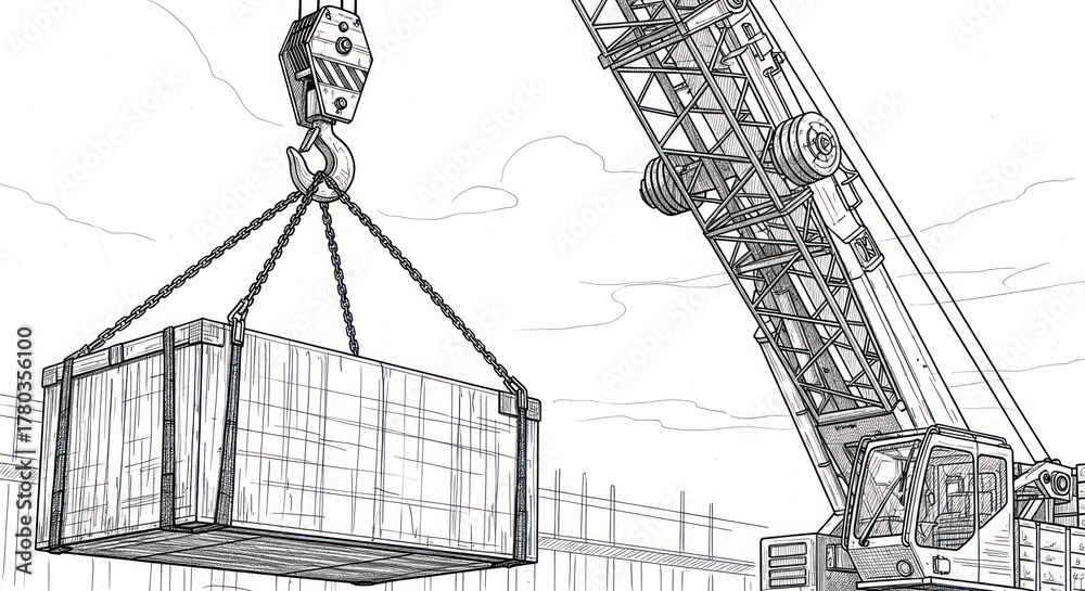 Obraz premium Crane lifting container construction site drawing illustration
