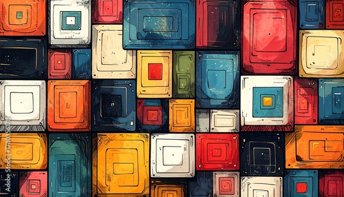 Abstract, colorful mosaic of geometric shapes arranged densely