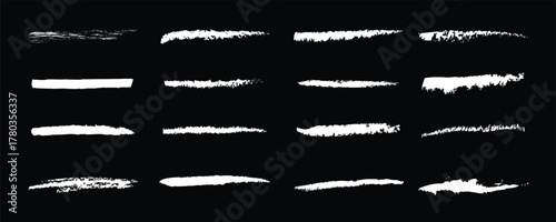 White grunge brush and chalk underline strokes vector set. Hand drawn paint streaks and charcoal texture lines on black background, rough artistic divider illustration.