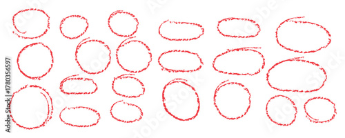 Red hand drawn charcoal circles and ovals vector set. Rough pencil sketch frames and highlight bubbles for diagrams, doodle texture illustration.